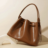 Mila | Luxe Caramel Leather Bucket Bag – Chic & Spacious - in Brown | Arvea Bags