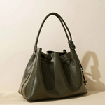 Mila | Luxe Caramel Leather Bucket Bag – Chic & Spacious - in Dark Green | Arvea Bags
