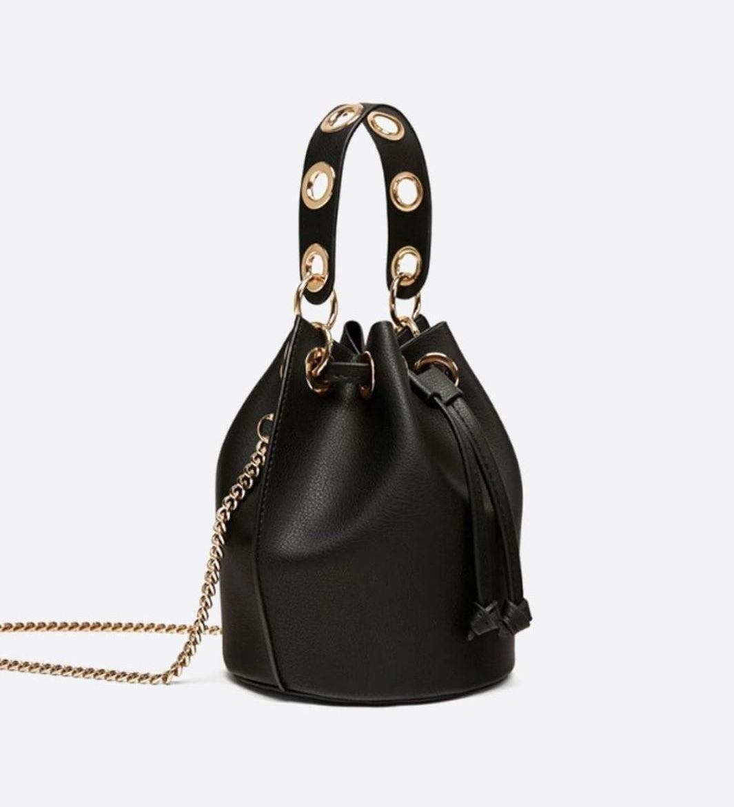 Mini Black Bucket Bag – Drawstring Faux Leather Handbag - in Black | Arvea Bags