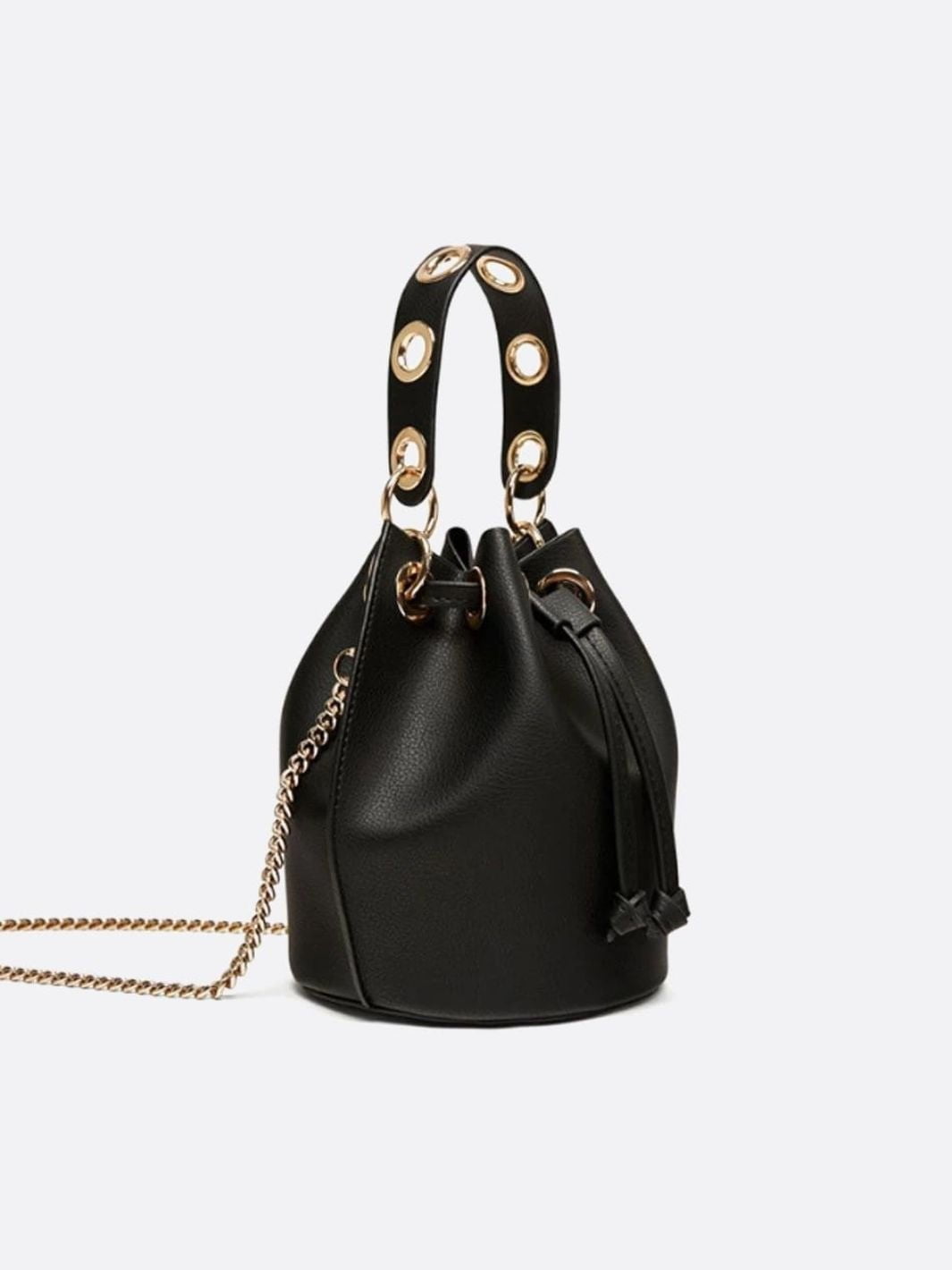 Mini Black Bucket Bag – Drawstring Faux Leather Handbag - in Black | Arvea Bags