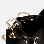 Mini Black Bucket Bag – Drawstring Faux Leather Handbag - in Black | Arvea Bags