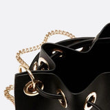 Mini Black Bucket Bag – Drawstring Faux Leather Handbag - in Black | Arvea Bags