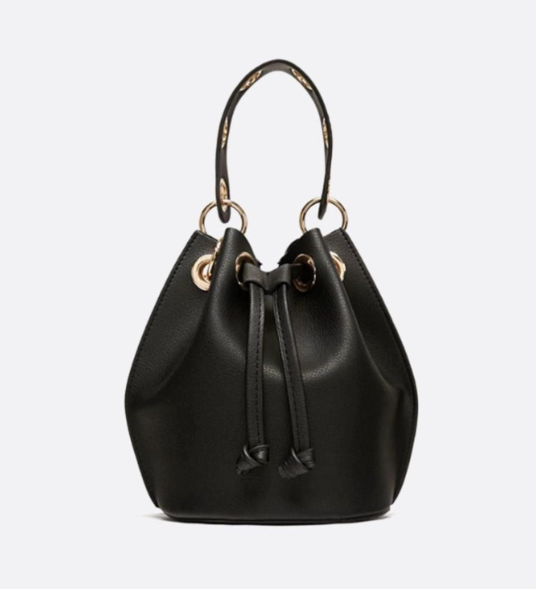 Mini Black Bucket Bag – Drawstring Faux Leather Handbag - in Black | Arvea Bags