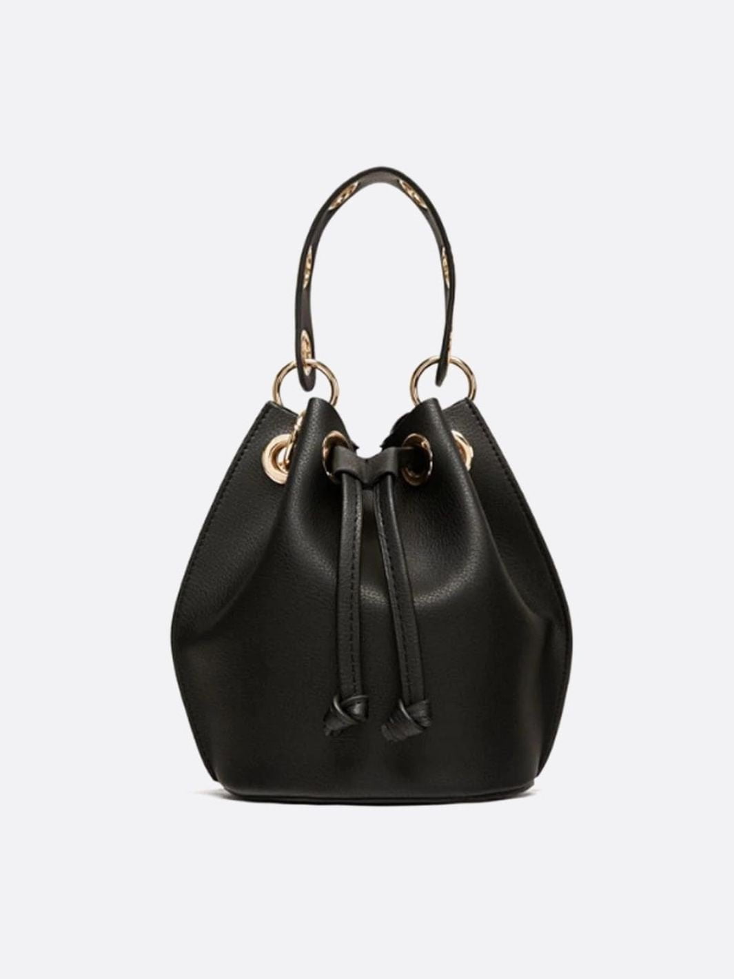 Mini Black Bucket Bag – Drawstring Faux Leather Handbag - in Black | Arvea Bags