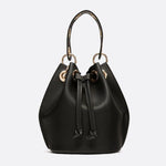 Mini Black Bucket Bag – Drawstring Faux Leather Handbag - in Black | Arvea Bags