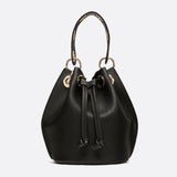 Mini Black Bucket Bag – Drawstring Faux Leather Handbag - in Black | Arvea Bags