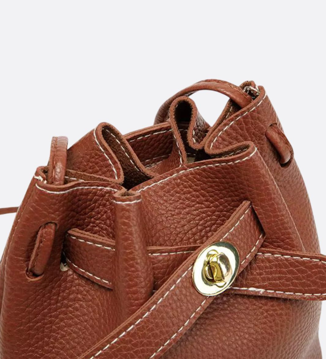 Mini Bucket Bag with Drawstring and Turn - Lock Closure - in Brown | Arvea Bags
