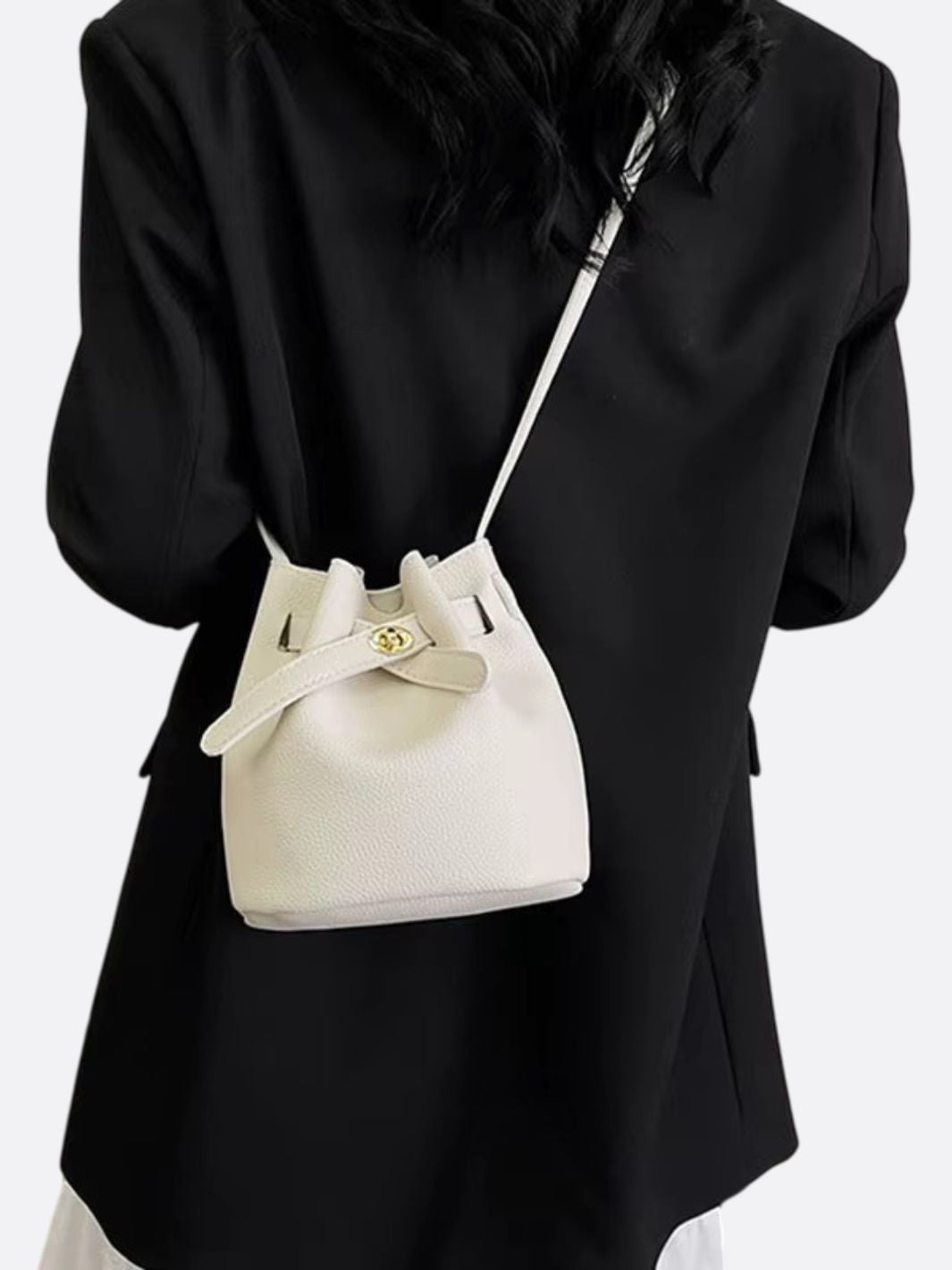 Mini Bucket Bag with Drawstring and Turn - Lock Closure - in Light Beige | Arvea Bags