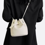 Mini Bucket Bag with Drawstring and Turn - Lock Closure - in Light Beige | Arvea Bags