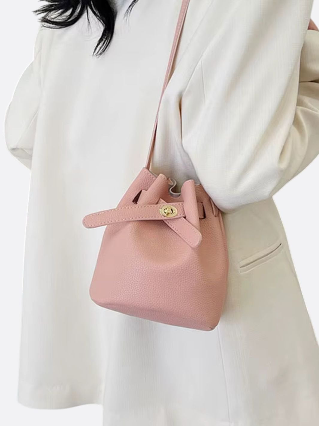 Mini Bucket Bag with Drawstring and Turn - Lock Closure - in Salmon Pink | Arvea Bags