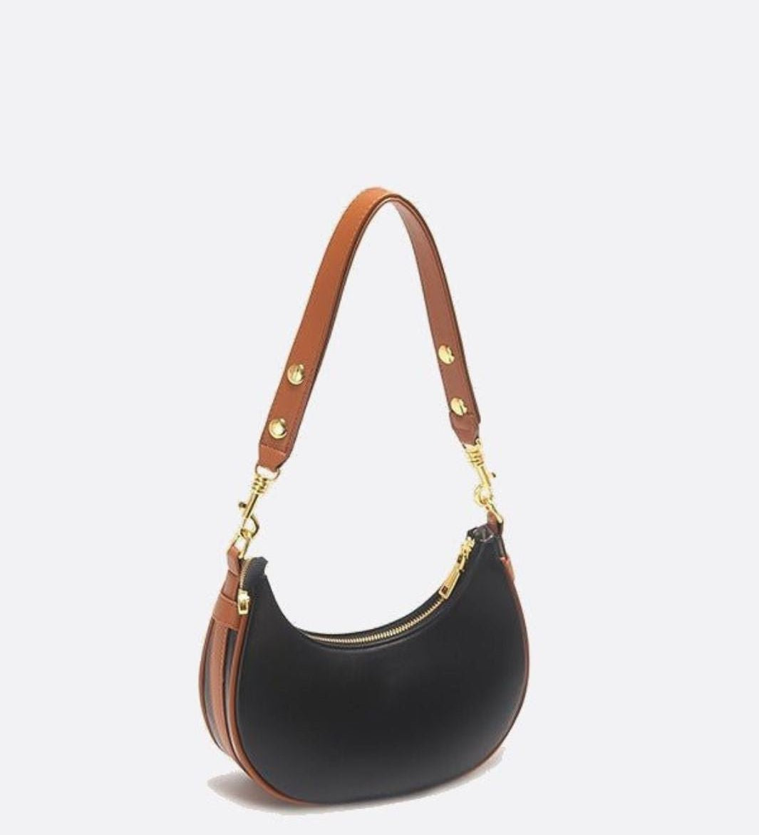 Minimalist Crescent Shoulder Bag with Gold Hardware - in Black | Arvea Bags