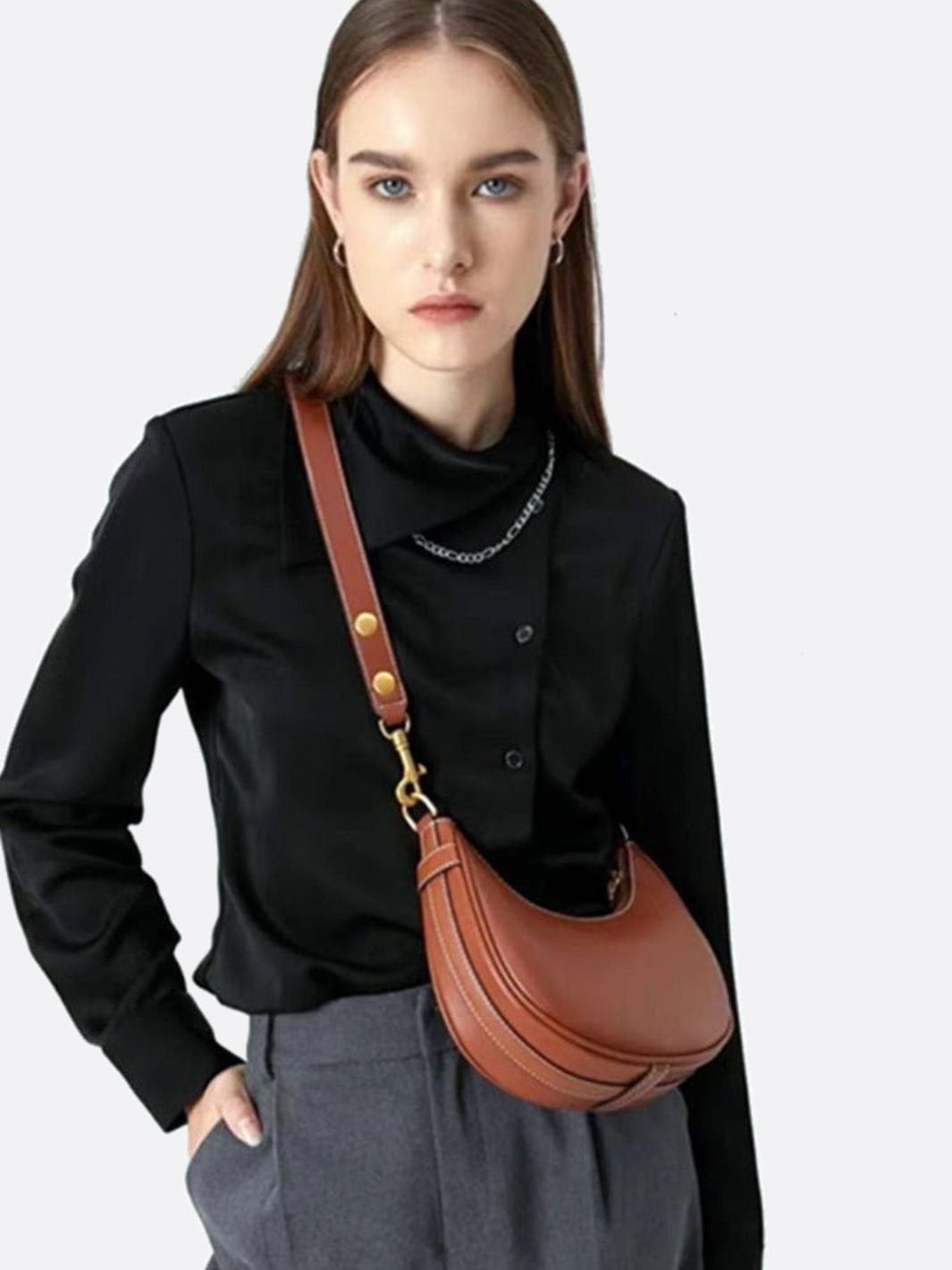 Minimalist Crescent Shoulder Bag with Gold Hardware - in Light Brown | Arvea Bags