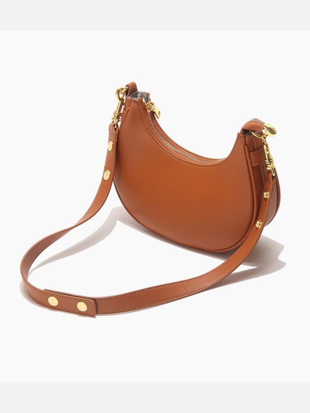 Minimalist Crescent Shoulder Bag with Gold Hardware - in Light Brown | Arvea Bags