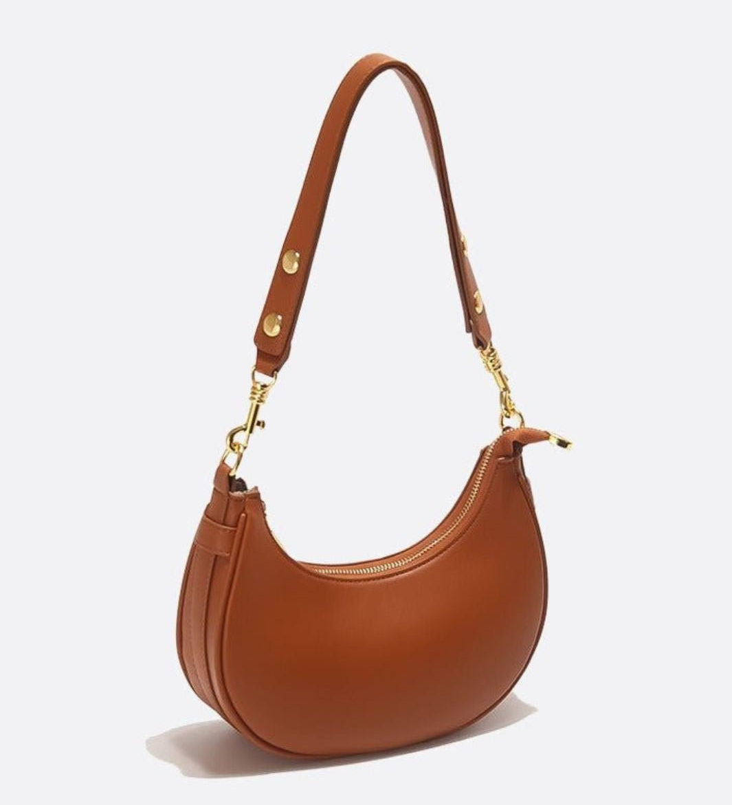 Minimalist Crescent Shoulder Bag with Gold Hardware - in Light Brown | Arvea Bags