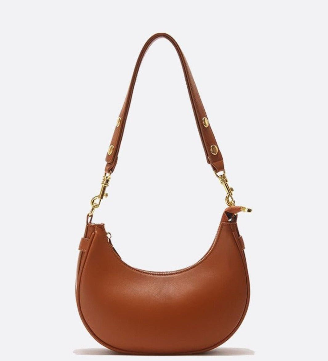 Minimalist Crescent Shoulder Bag with Gold Hardware - in Light Brown | Arvea Bags
