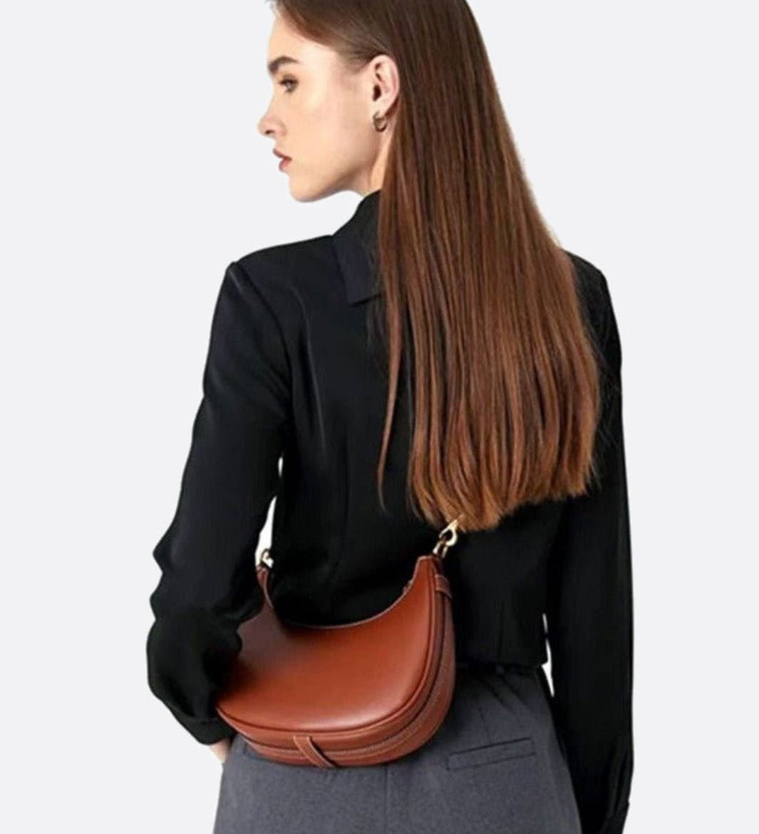 Minimalist Crescent Shoulder Bag with Gold Hardware - in Light Brown | Arvea Bags