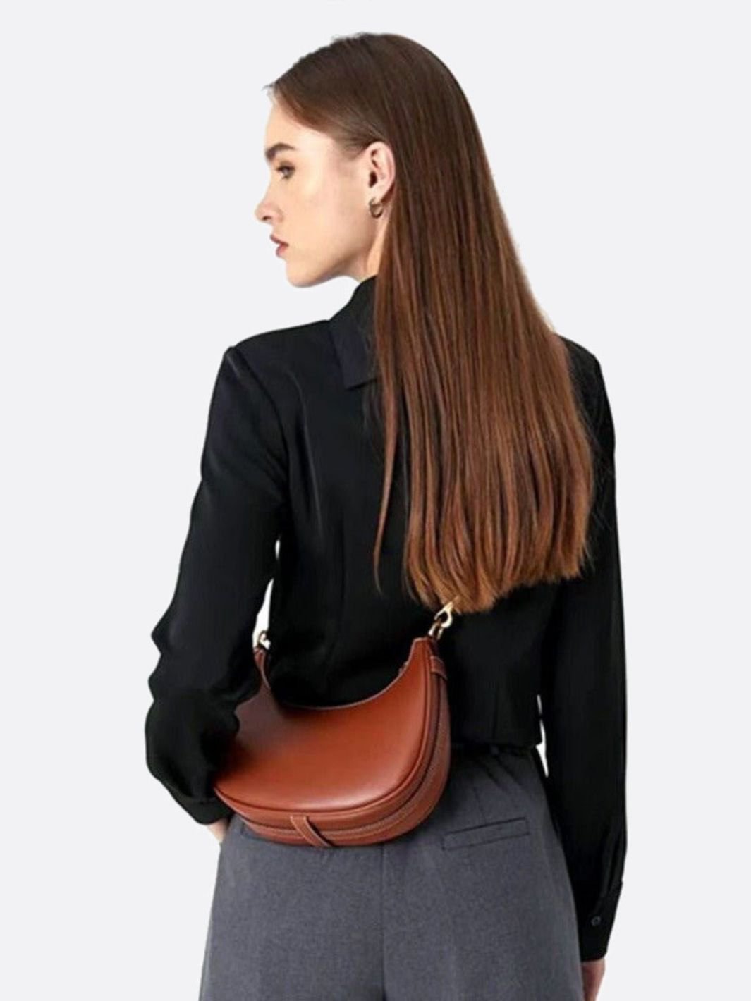 Minimalist Crescent Shoulder Bag with Gold Hardware - in Light Brown | Arvea Bags