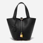 Minimalist Leather Bucket Bag – Small Structured Tote with Gold Padlock Detail - in Black | Arvea Bags
