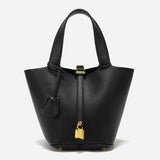Minimalist Leather Bucket Bag – Small Structured Tote with Gold Padlock Detail - in Black | Arvea Bags