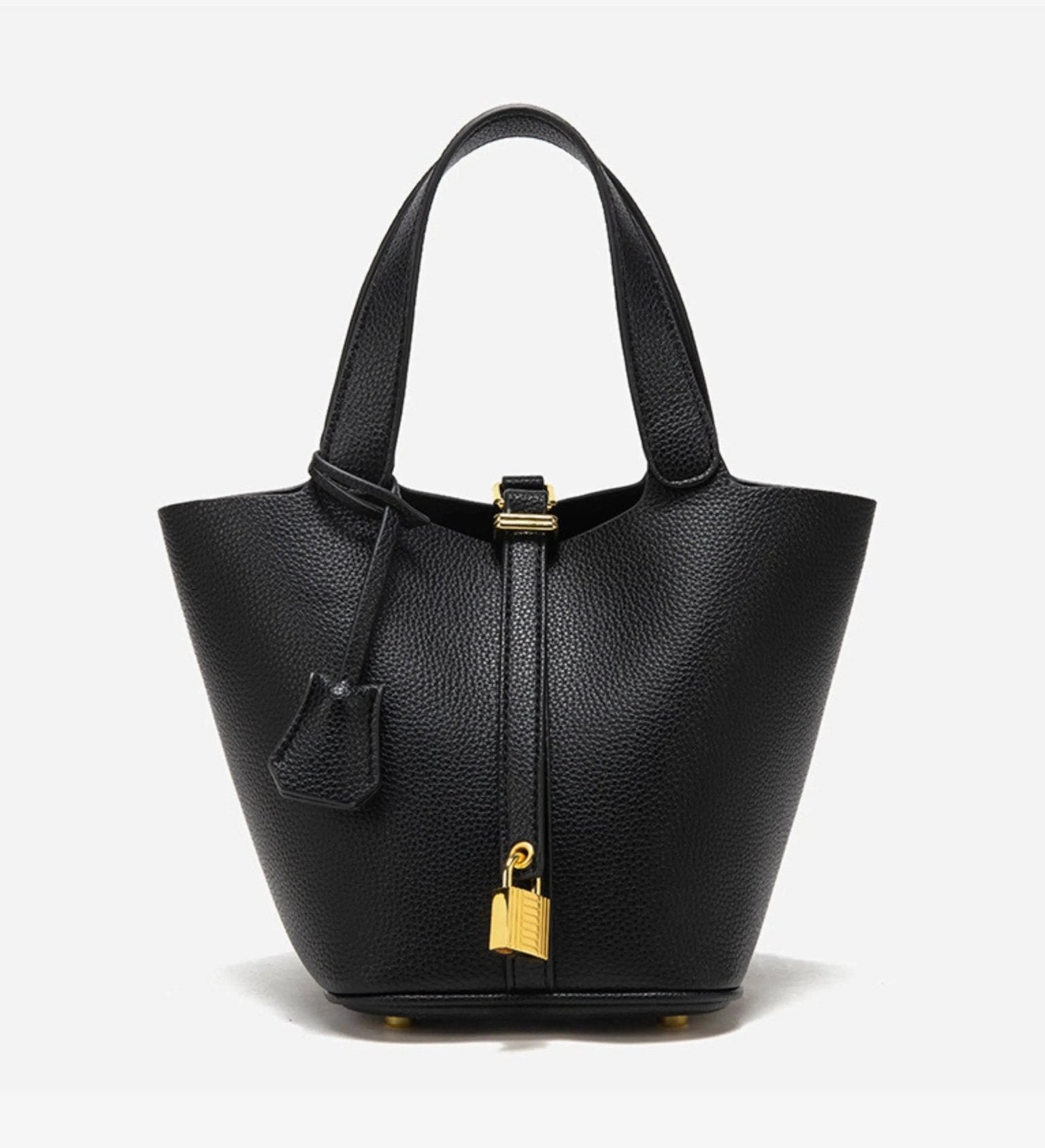 Minimalist Leather Bucket Bag – Small Structured Tote with Gold Padlock Detail - in Black | Arvea Bags