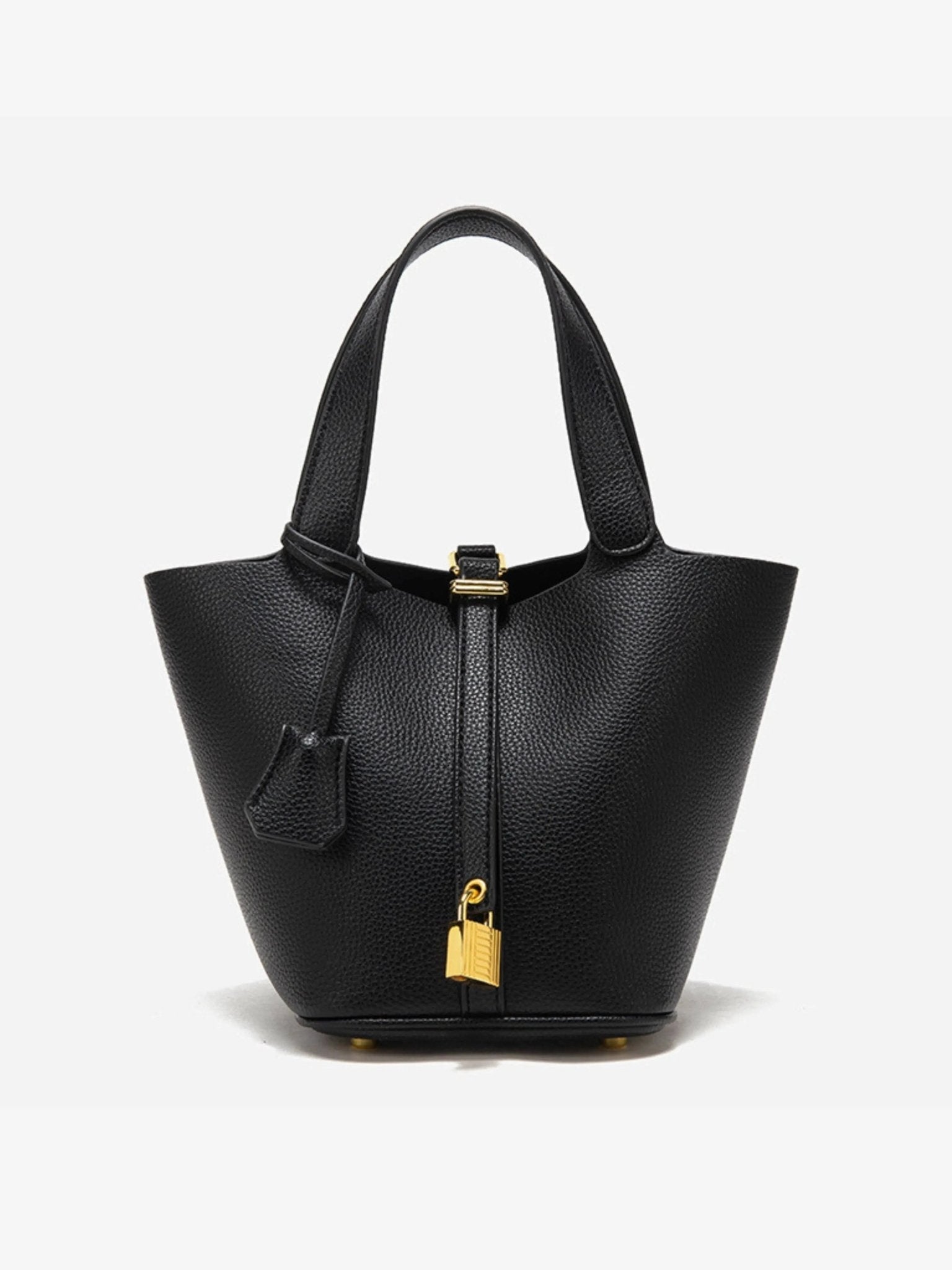 Minimalist Leather Bucket Bag – Small Structured Tote with Gold Padlock Detail - in Black | Arvea Bags