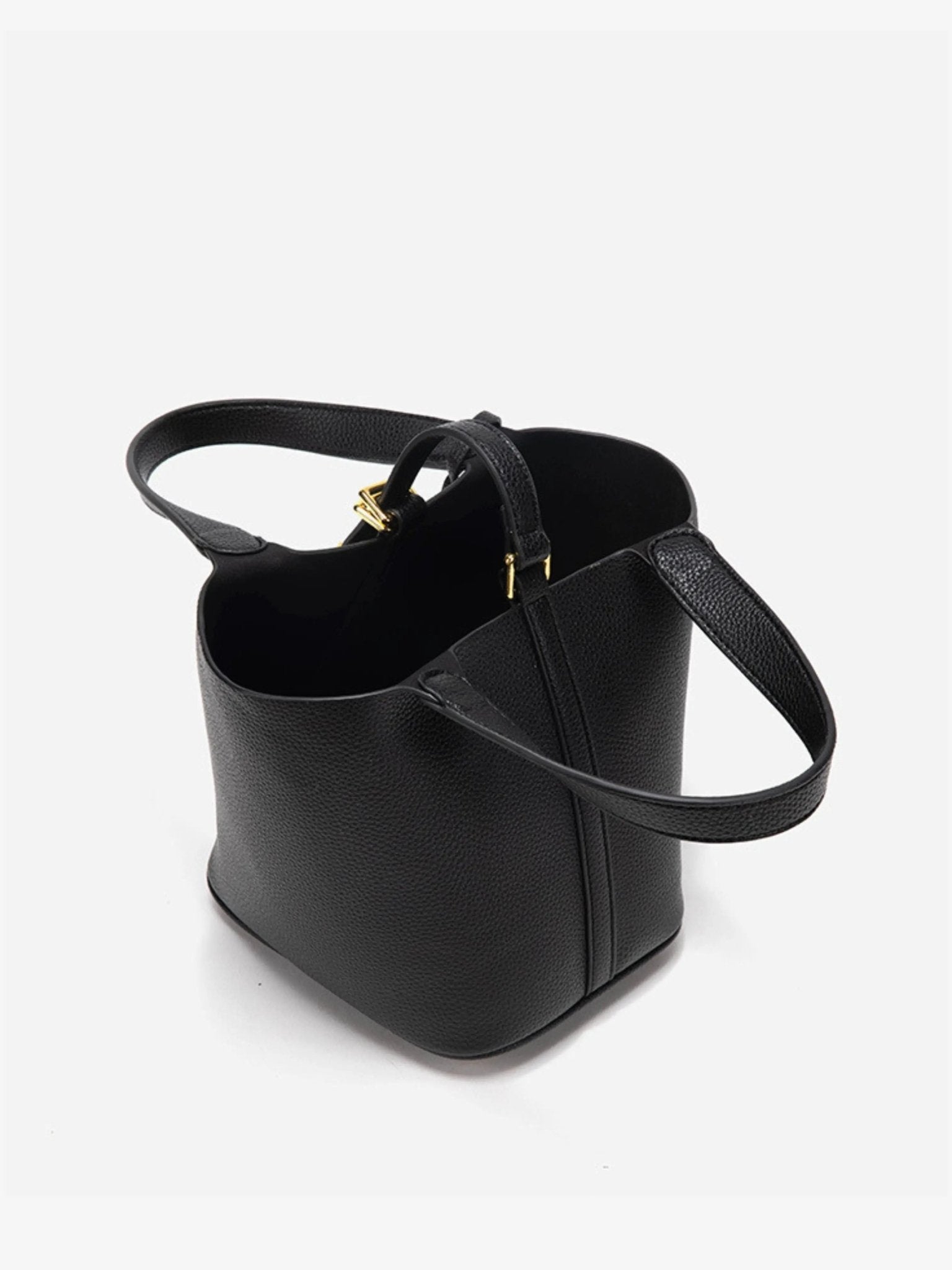 Minimalist Leather Bucket Bag – Small Structured Tote with Gold Padlock Detail - in Black | Arvea Bags