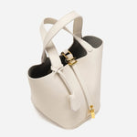 Minimalist Leather Bucket Bag – Small Structured Tote with Gold Padlock Detail - in Cream | Arvea Bags