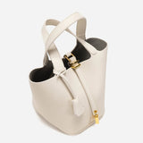 Minimalist Leather Bucket Bag – Small Structured Tote with Gold Padlock Detail - in Cream | Arvea Bags