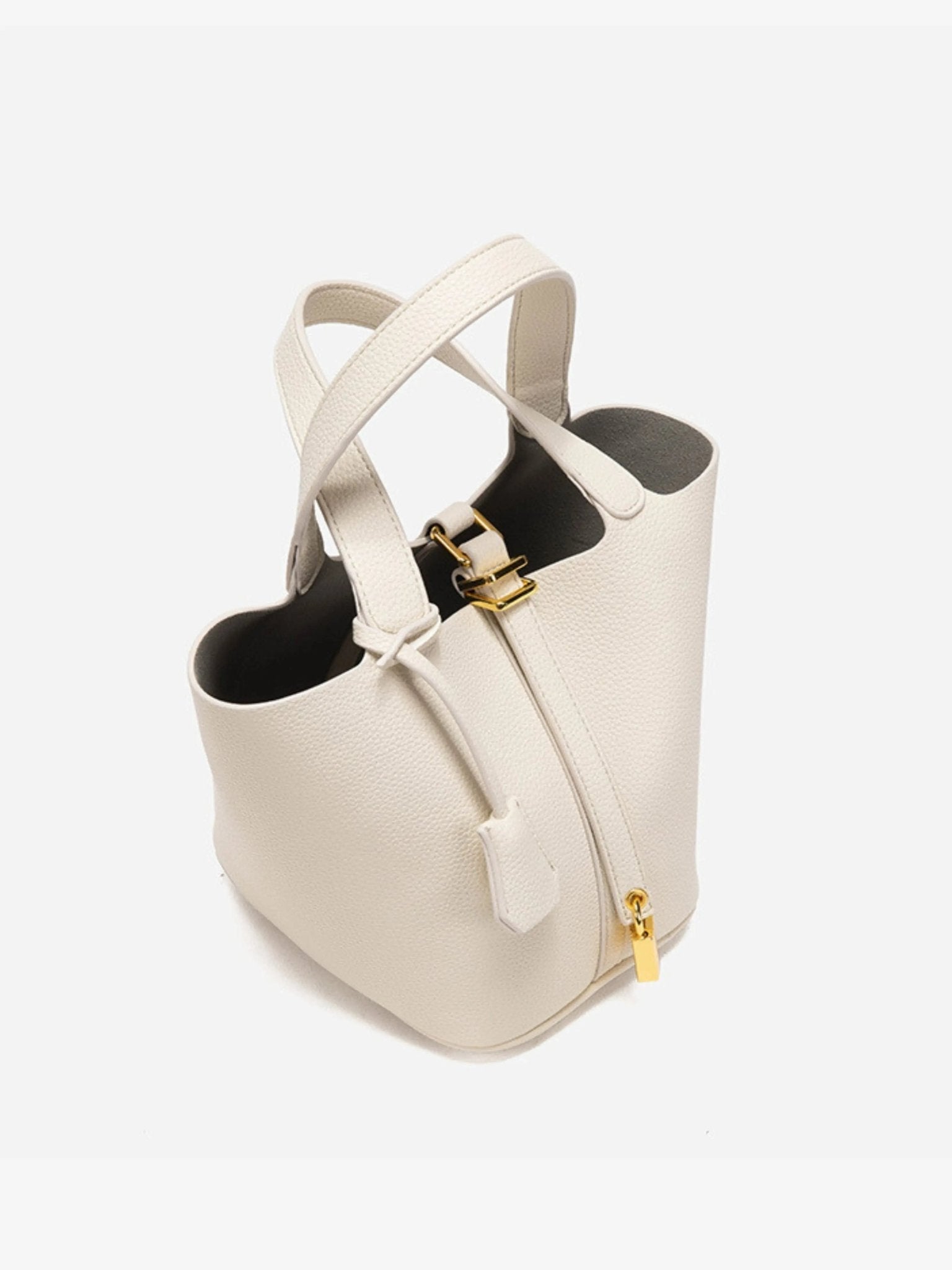 Minimalist Leather Bucket Bag – Small Structured Tote with Gold Padlock Detail - in Cream | Arvea Bags