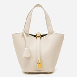 Minimalist Leather Bucket Bag – Small Structured Tote with Gold Padlock Detail - in Cream | Arvea Bags
