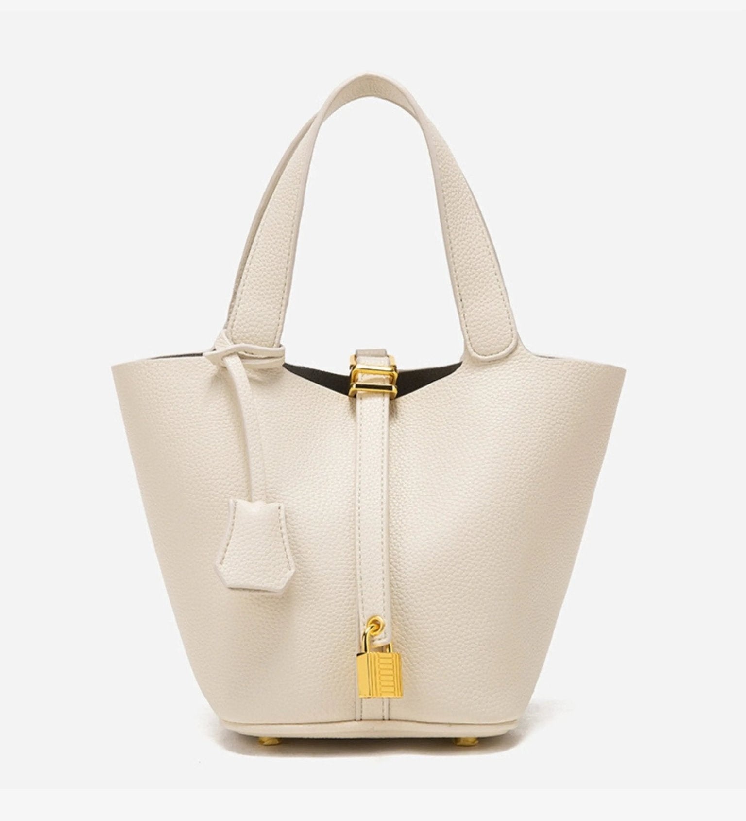 Minimalist Leather Bucket Bag – Small Structured Tote with Gold Padlock Detail - in Cream | Arvea Bags