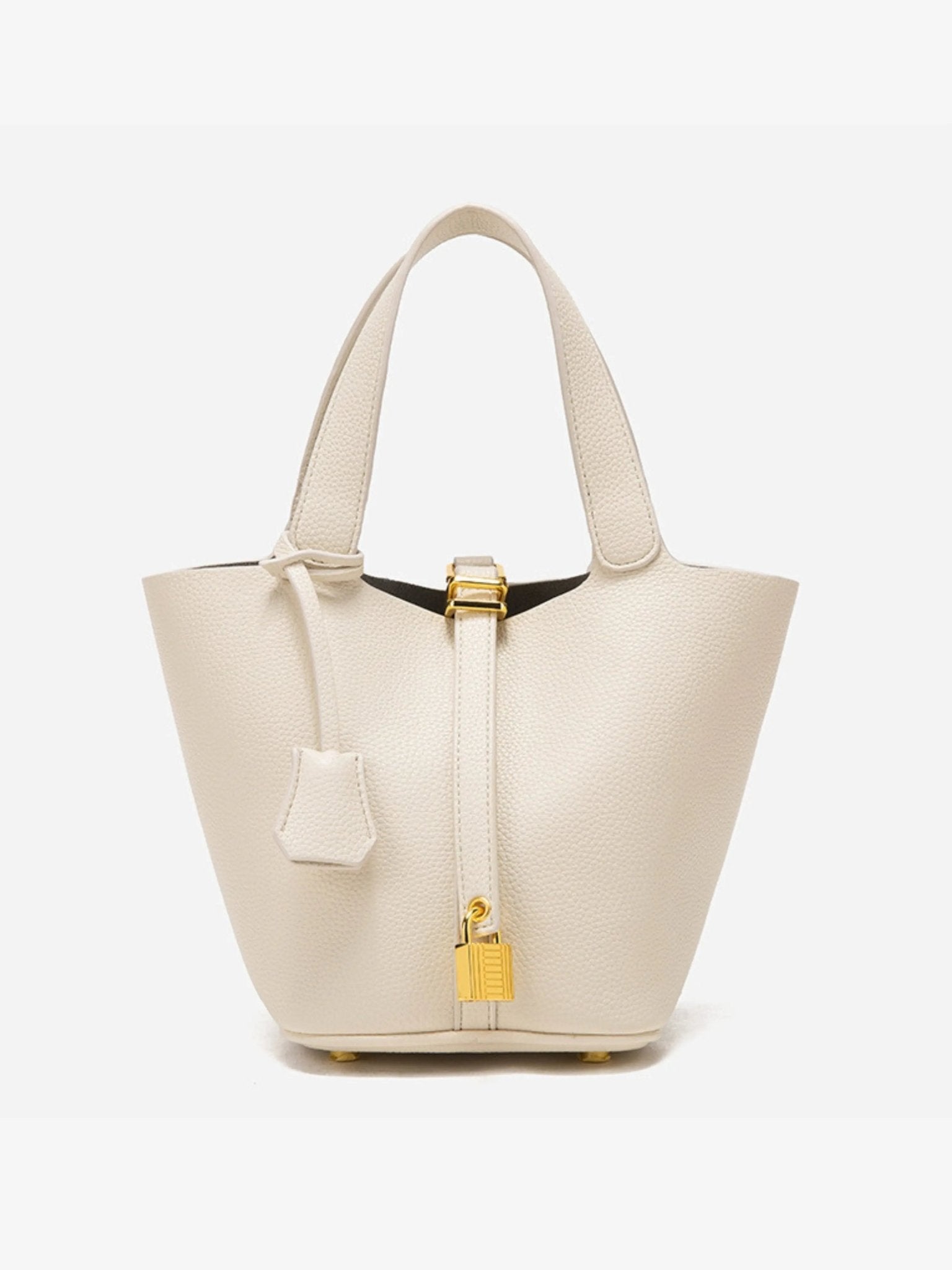 Minimalist Leather Bucket Bag – Small Structured Tote with Gold Padlock Detail - in Cream | Arvea Bags