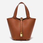Minimalist Leather Bucket Bag – Small Structured Tote with Gold Padlock Detail - in Light Brown | Arvea Bags