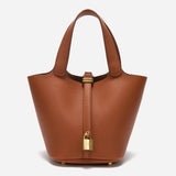 Minimalist Leather Bucket Bag – Small Structured Tote with Gold Padlock Detail - in Light Brown | Arvea Bags