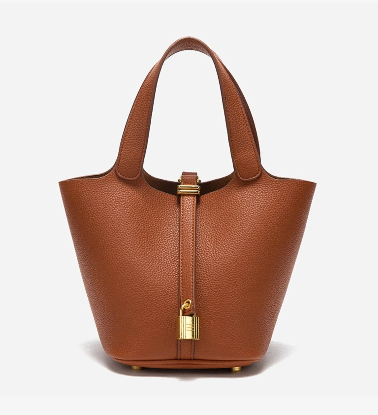 Minimalist Leather Bucket Bag – Small Structured Tote with Gold Padlock Detail - in Light Brown | Arvea Bags