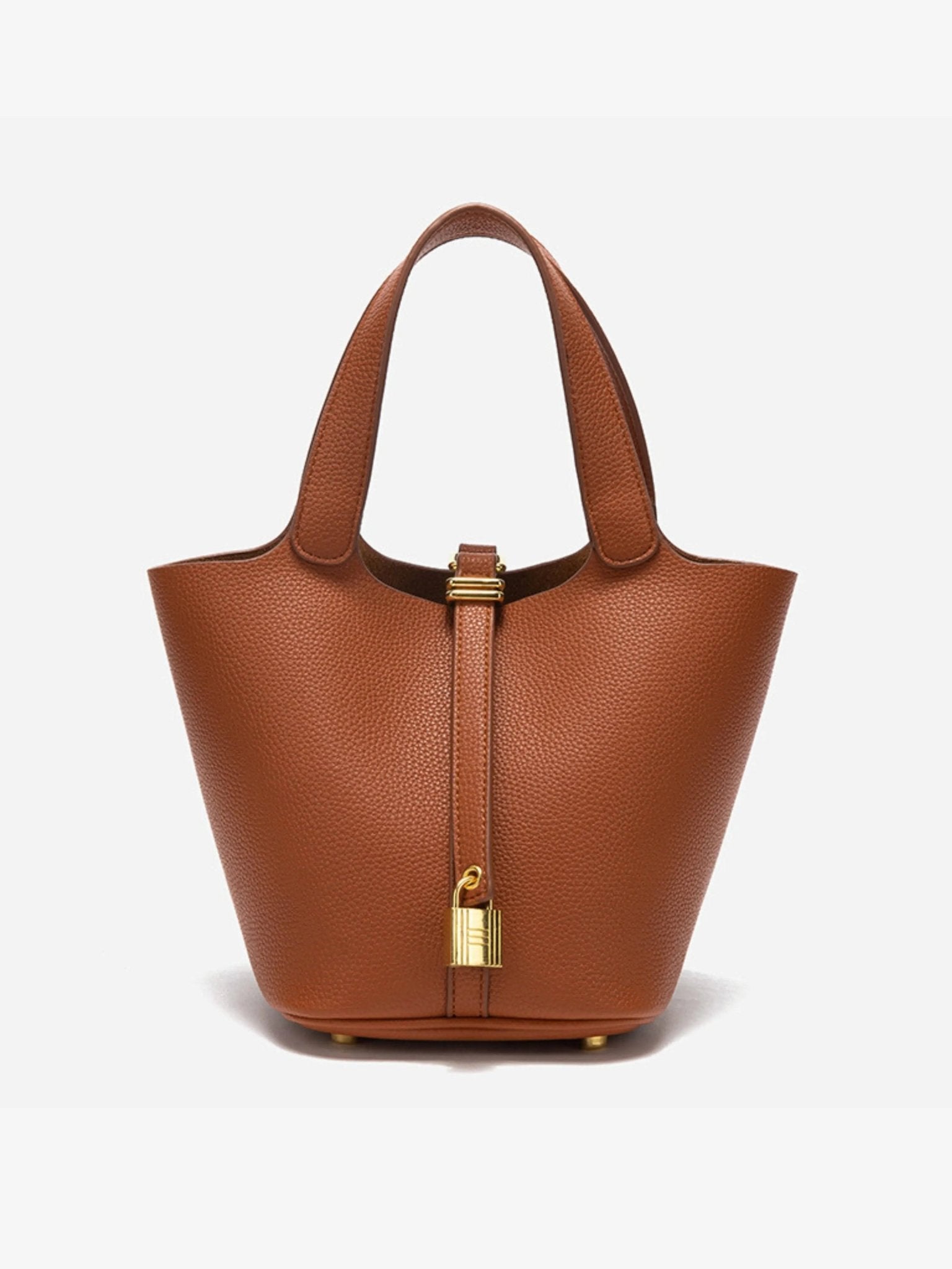 Minimalist Leather Bucket Bag – Small Structured Tote with Gold Padlock Detail - in Light Brown | Arvea Bags
