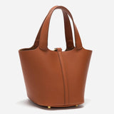 Minimalist Leather Bucket Bag – Small Structured Tote with Gold Padlock Detail - in Light Brown | Arvea Bags