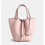 Minimalist Leather Bucket Bag – Small Structured Tote with Gold Padlock Detail - in Light Pink | Arvea Bags