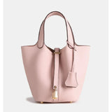 Minimalist Leather Bucket Bag – Small Structured Tote with Gold Padlock Detail - in Light Pink | Arvea Bags