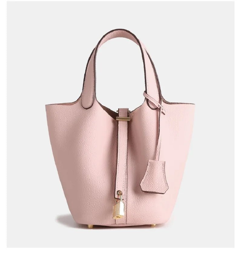 Minimalist Leather Bucket Bag – Small Structured Tote with Gold Padlock Detail - in Light Pink | Arvea Bags
