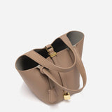 Minimalist Leather Bucket Bag – Small Structured Tote with Gold Padlock Detail - in Taupe | Arvea Bags