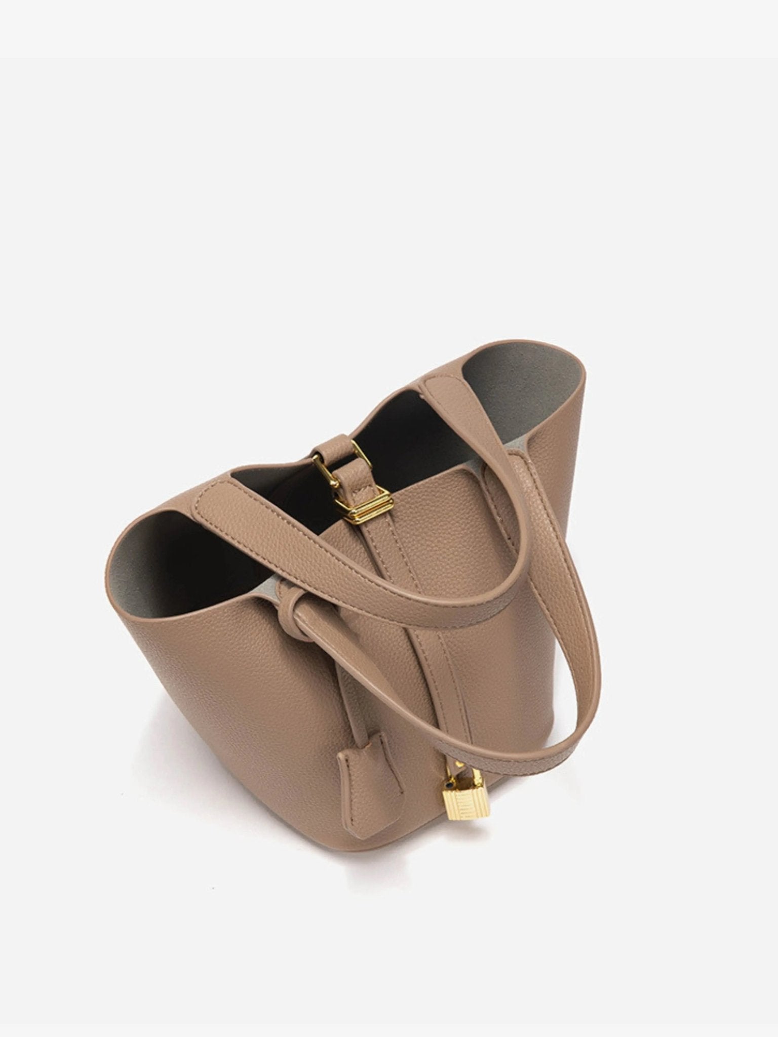 Minimalist Leather Bucket Bag – Small Structured Tote with Gold Padlock Detail - in Taupe | Arvea Bags