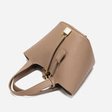 Minimalist Leather Bucket Bag – Small Structured Tote with Gold Padlock Detail - in Taupe | Arvea Bags