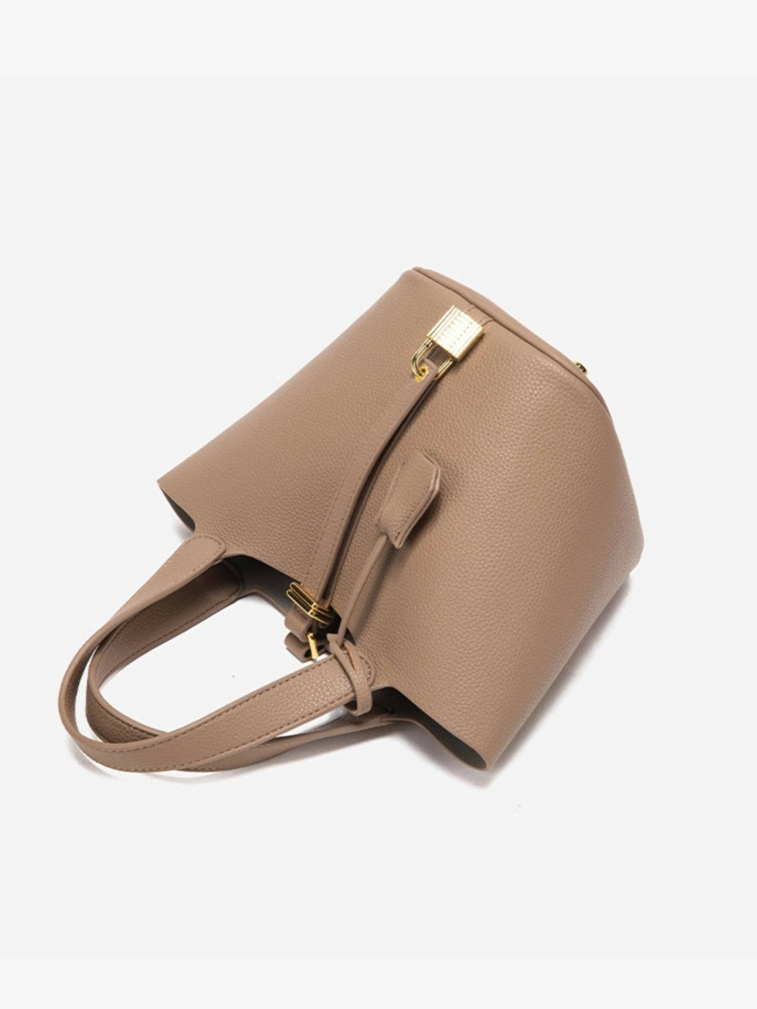 Minimalist Leather Bucket Bag – Small Structured Tote with Gold Padlock Detail - in Taupe | Arvea Bags