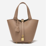 Minimalist Leather Bucket Bag – Small Structured Tote with Gold Padlock Detail - in Taupe | Arvea Bags