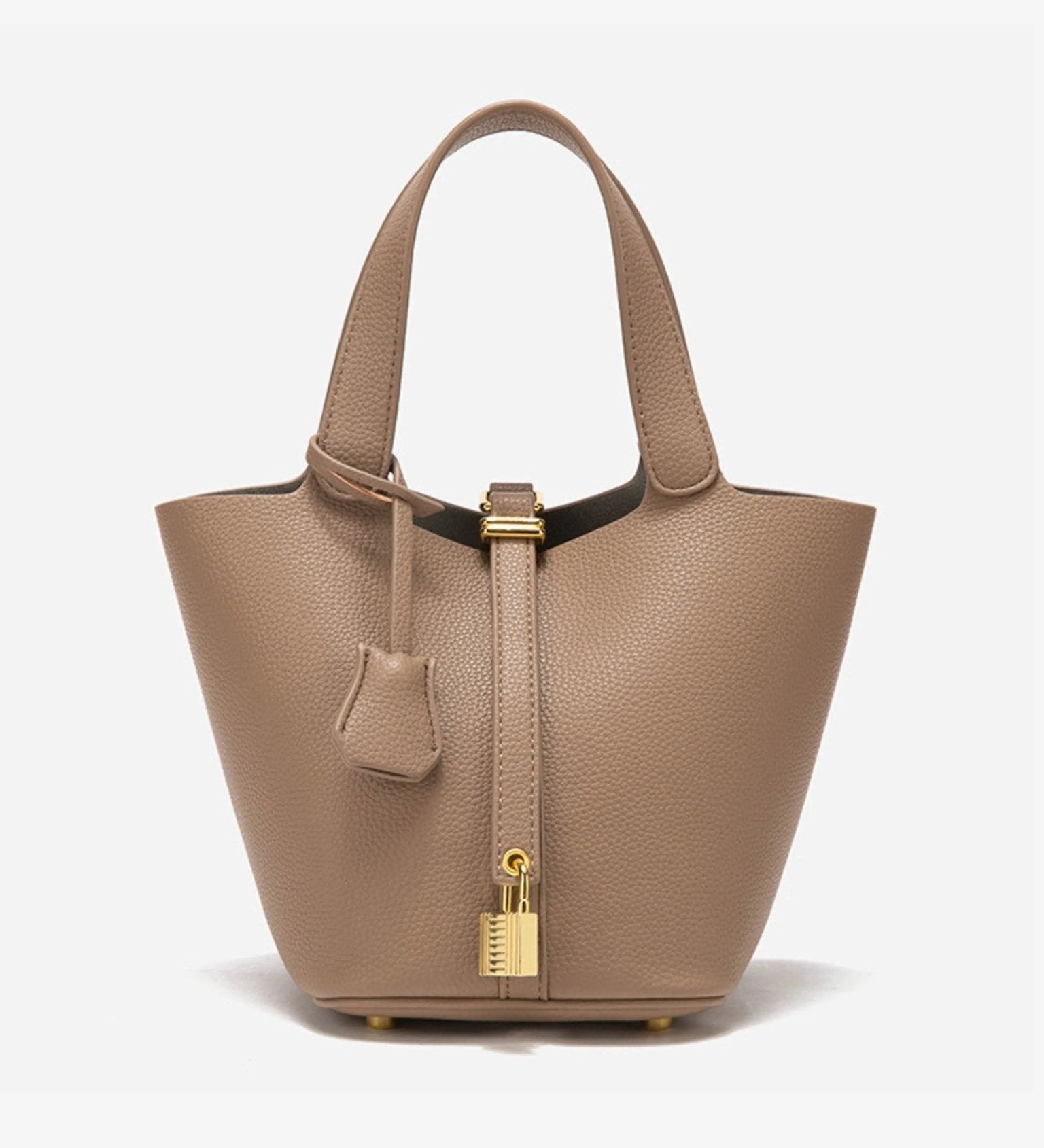 Minimalist Leather Bucket Bag – Small Structured Tote with Gold Padlock Detail - in Taupe | Arvea Bags