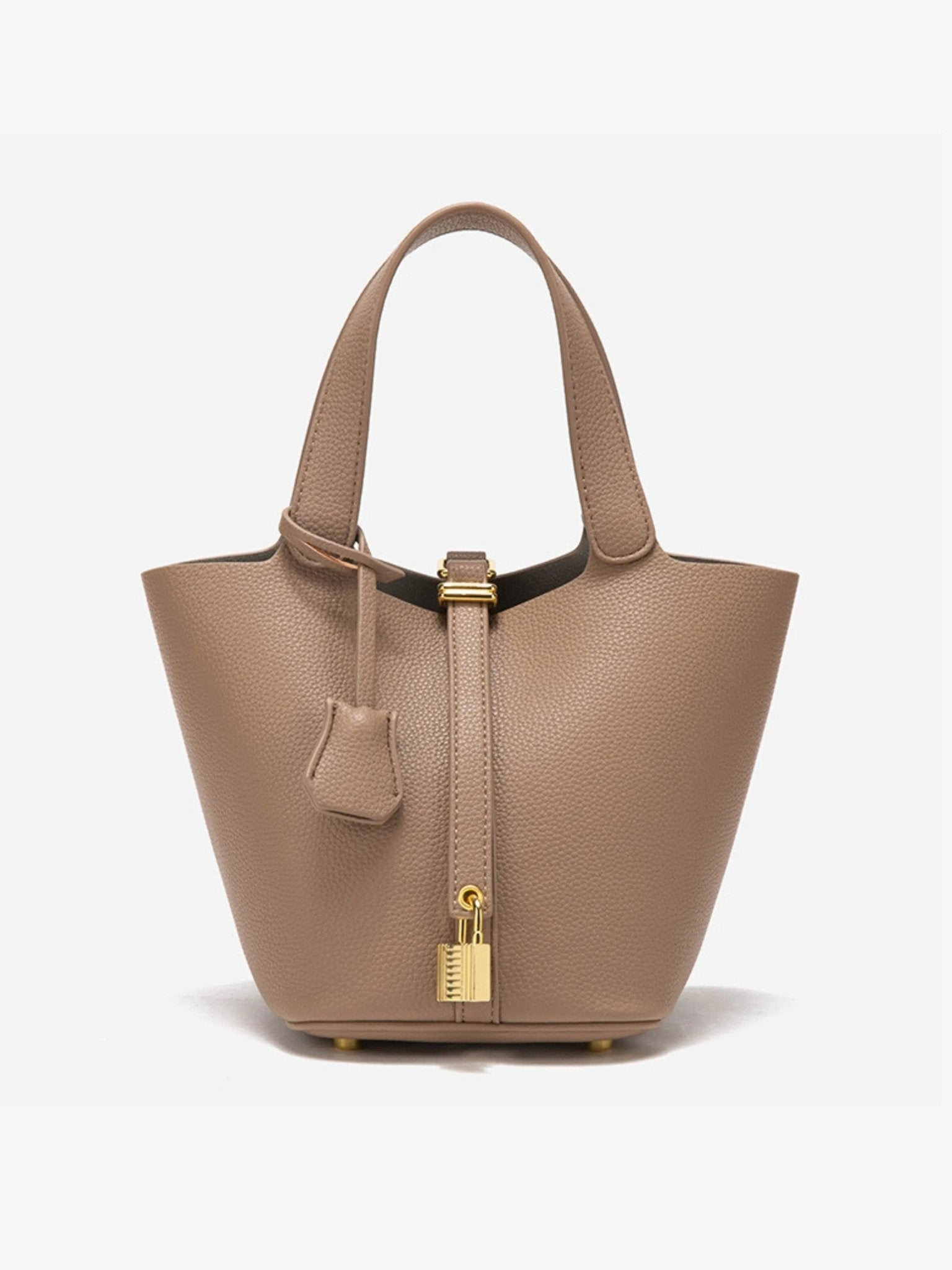 Minimalist Leather Bucket Bag – Small Structured Tote with Gold Padlock Detail - in Taupe | Arvea Bags