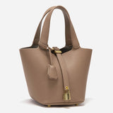 Minimalist Leather Bucket Bag – Small Structured Tote with Gold Padlock Detail - in Taupe | Arvea Bags
