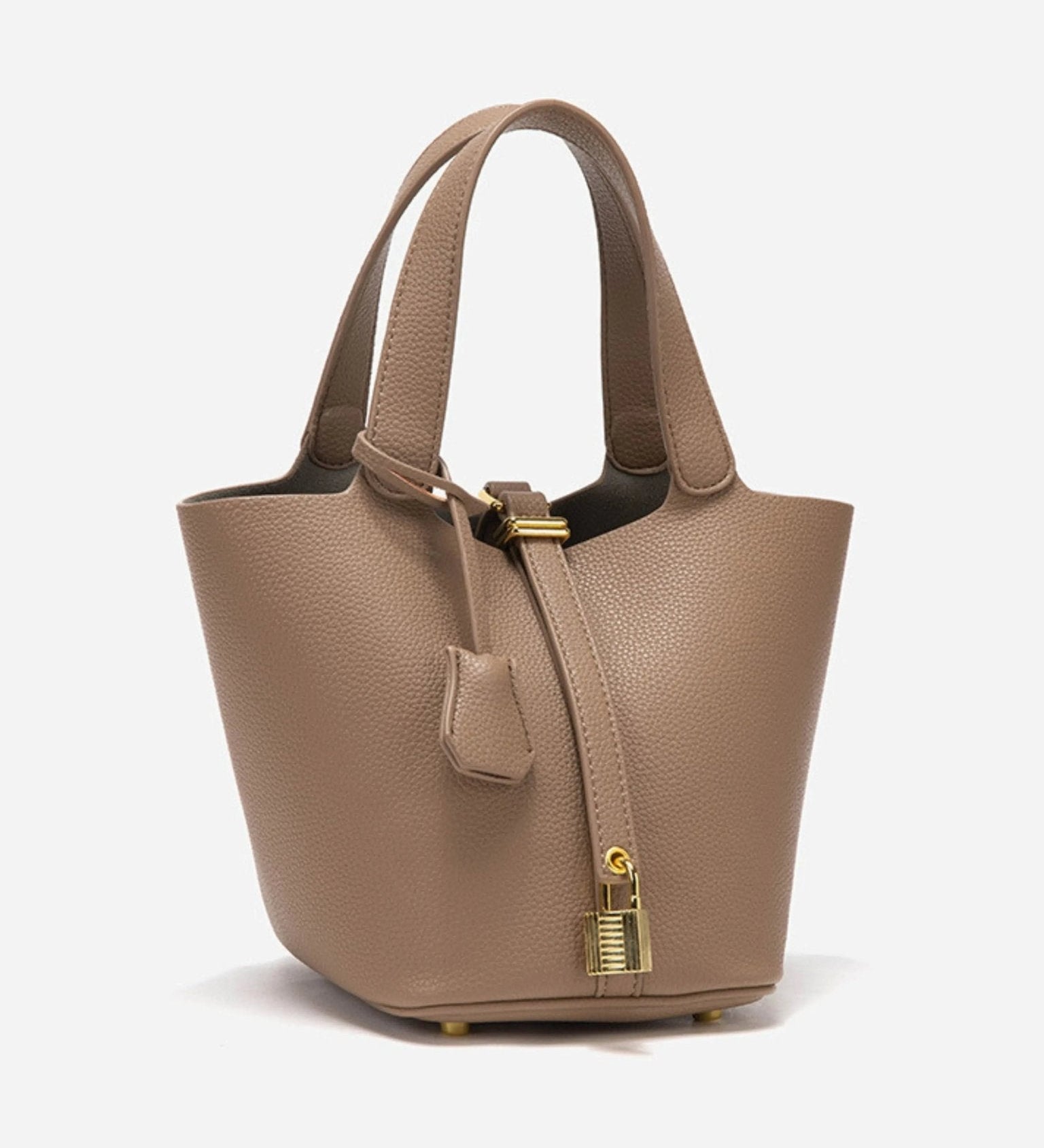 Minimalist Leather Bucket Bag – Small Structured Tote with Gold Padlock Detail - in Taupe | Arvea Bags