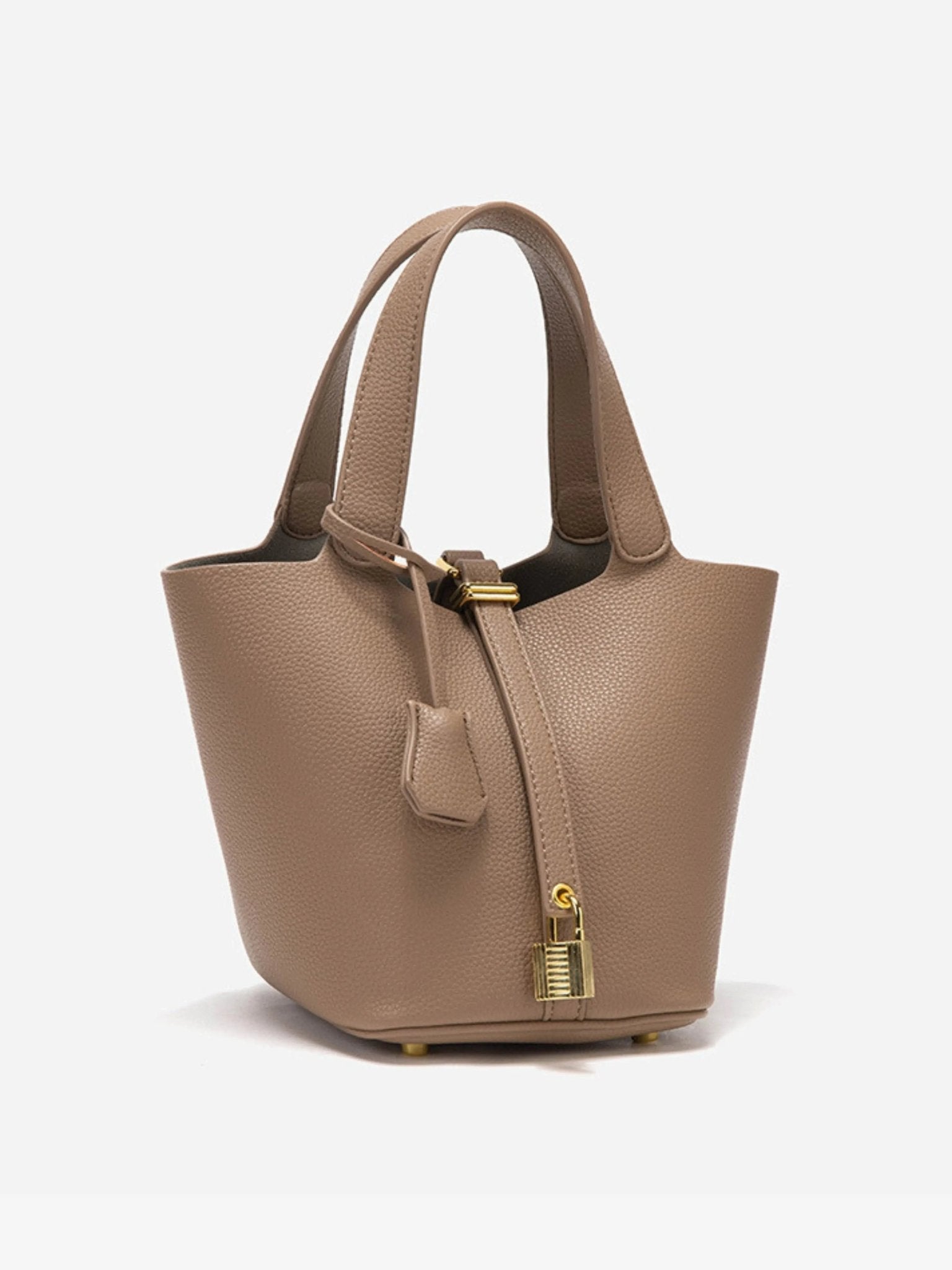 Minimalist Leather Bucket Bag – Small Structured Tote with Gold Padlock Detail - in Taupe | Arvea Bags